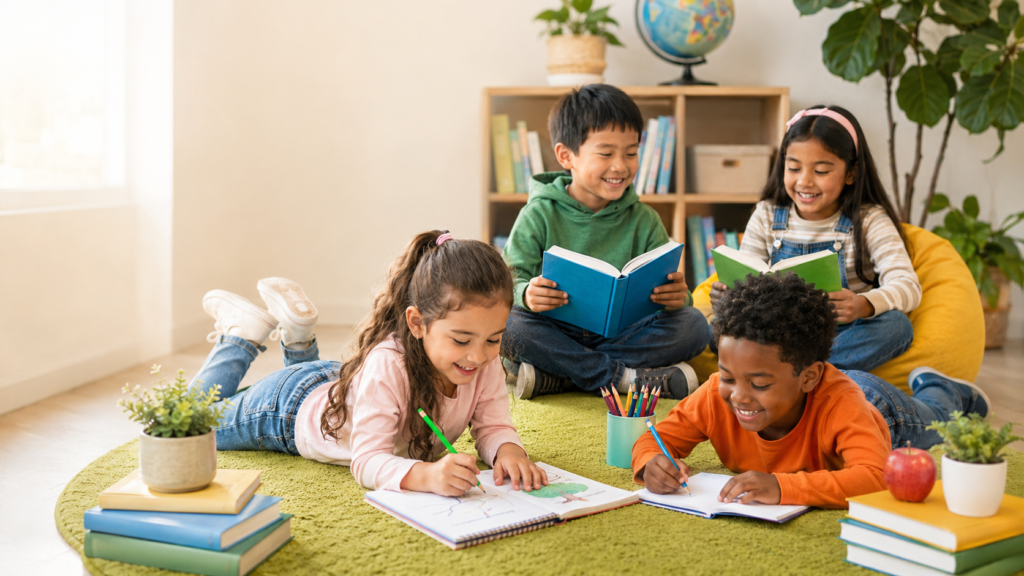 Niños leyendo y escribiendo en un espacio educativo de Raíces del Saber.