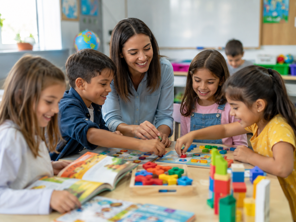 Maestra y niños aprendiendo con bloques y material didáctico en Raíces del Saber.