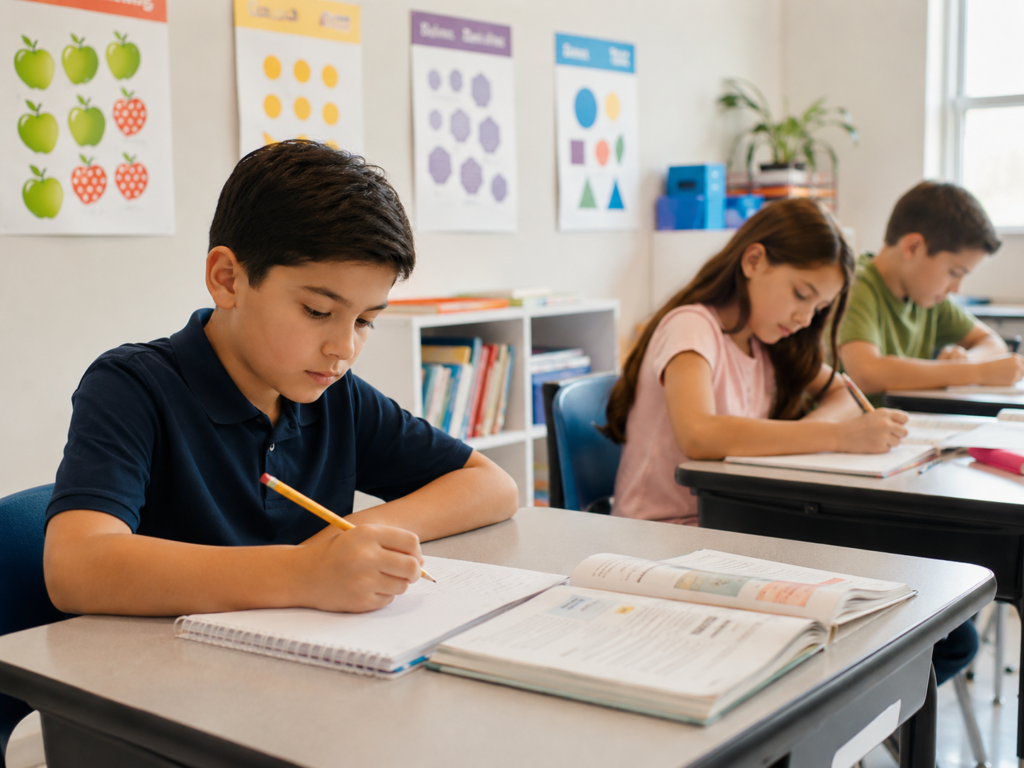 Niños de primaria escribiendo en sus cuadernos durante una clase.