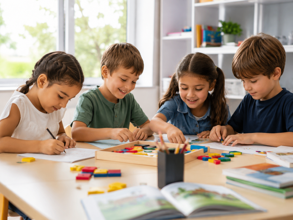 Niños de primaria trabajando con material didáctico en Raíces del Saber.