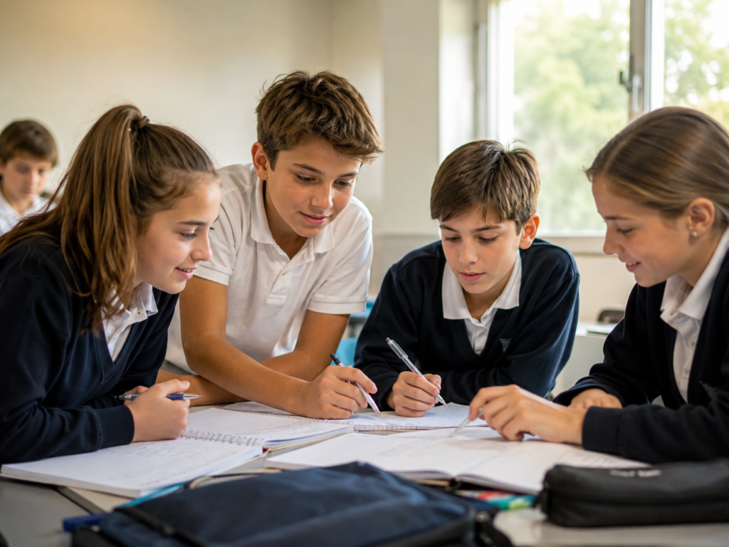 Estudiantes realizando una actividad académica en equipo en Raíces del Saber.
