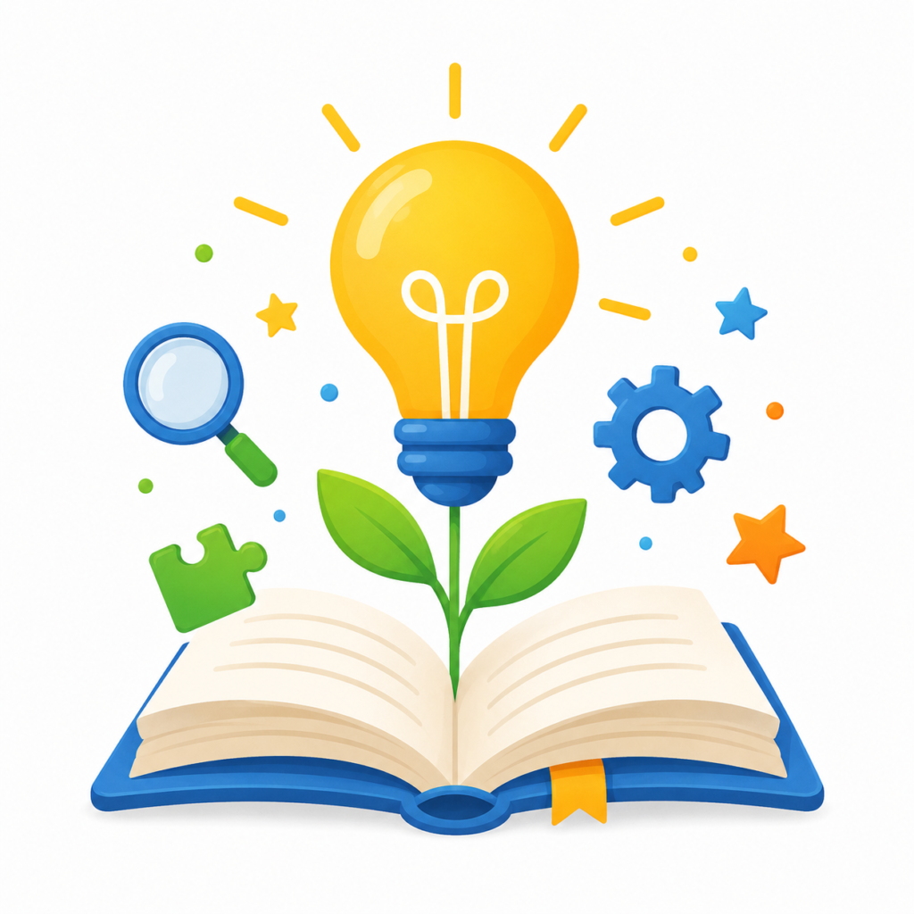 Ícono de foco creciendo desde un libro abierto como símbolo de ideas y aprendizaje.