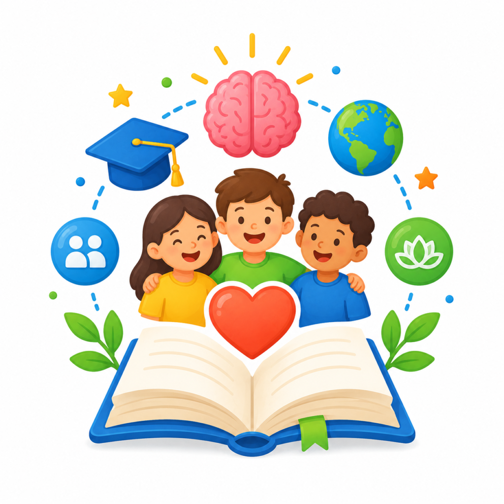 Ícono de niños, libro y elementos educativos que representan formación integral.