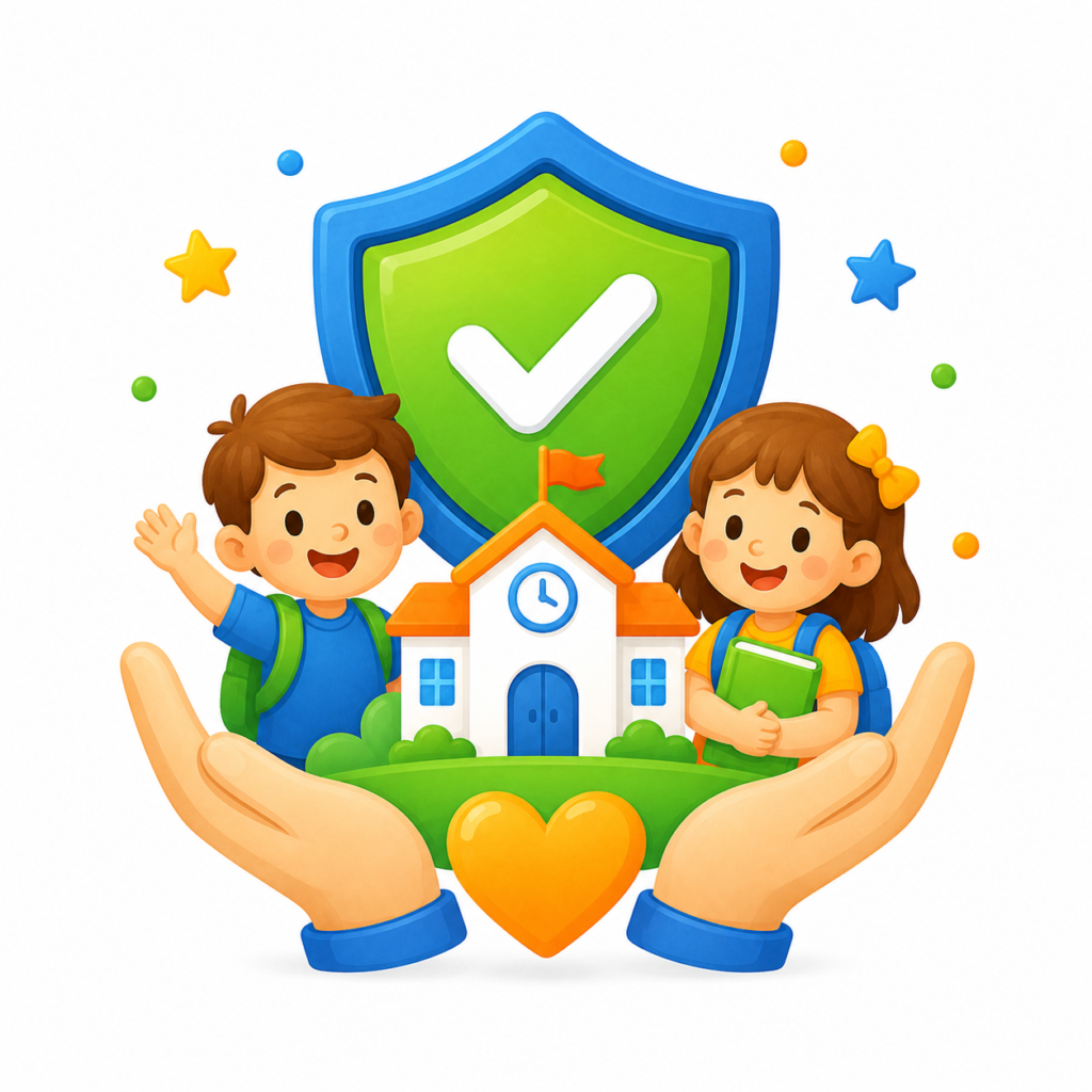 Ícono de escuela protegida con niños y escudo de seguridad.