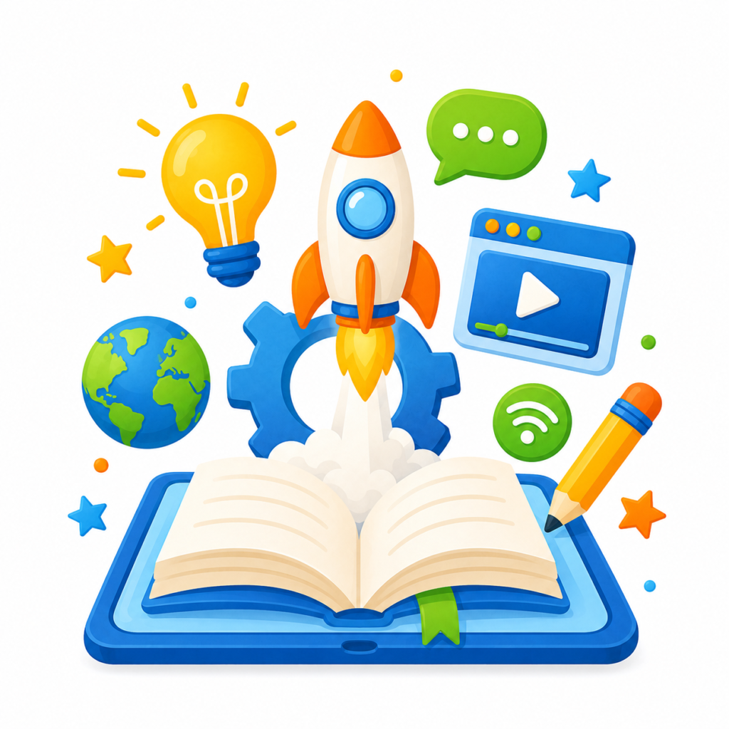 Ícono de libro, cohete y recursos digitales para representar el aprendizaje en Raíces del Saber.