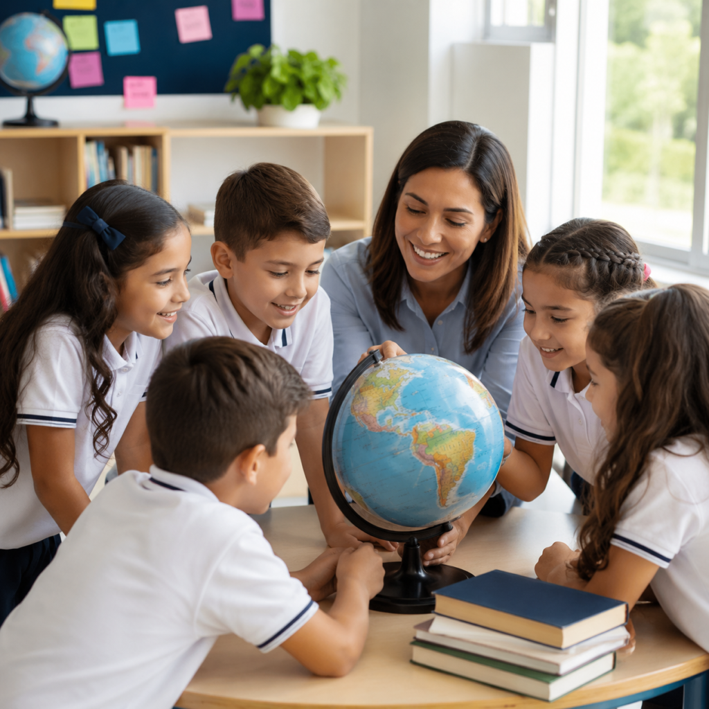 Maestra enseñando con un globo terráqueo a niños de primaria en Raíces del Saber.