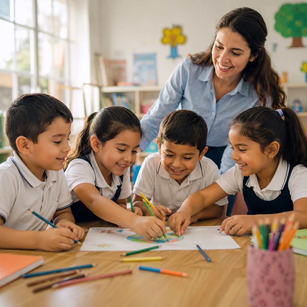 Maestra y niños realizando una actividad creativa en Raíces del Saber.