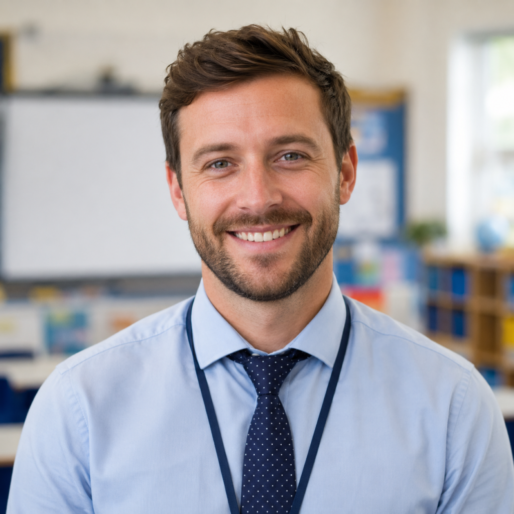 Docente de Raíces del Saber sonriendo dentro de un aula.