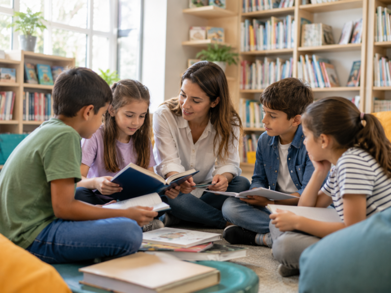 Maestra y niños de primaria compartiendo una actividad de lectura en Raíces del Saber.