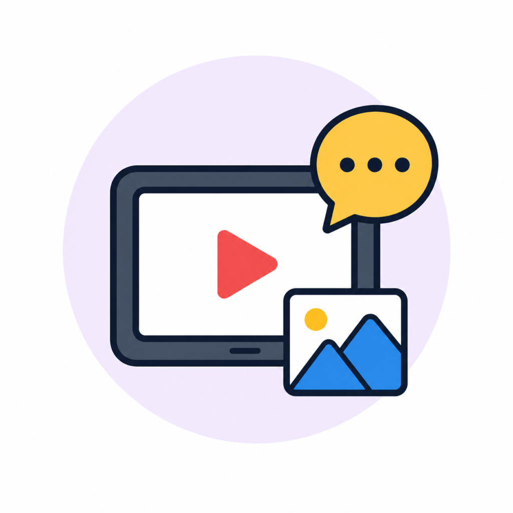 Ícono de video, imagen y mensaje que representa recursos digitales educativos.