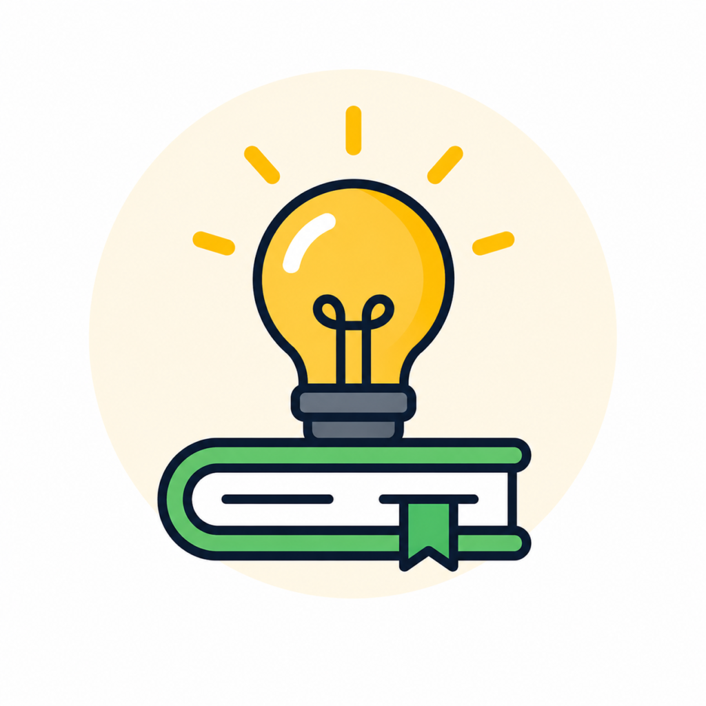 Ícono de foco sobre libro que representa aprendizaje e ideas.