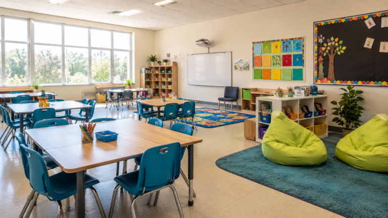 Aula principal iluminada y equipada para niños de primaria en Raíces del Saber.