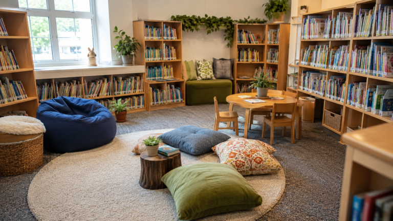 Biblioteca escolar con libros y área de lectura en Raíces del Saber.