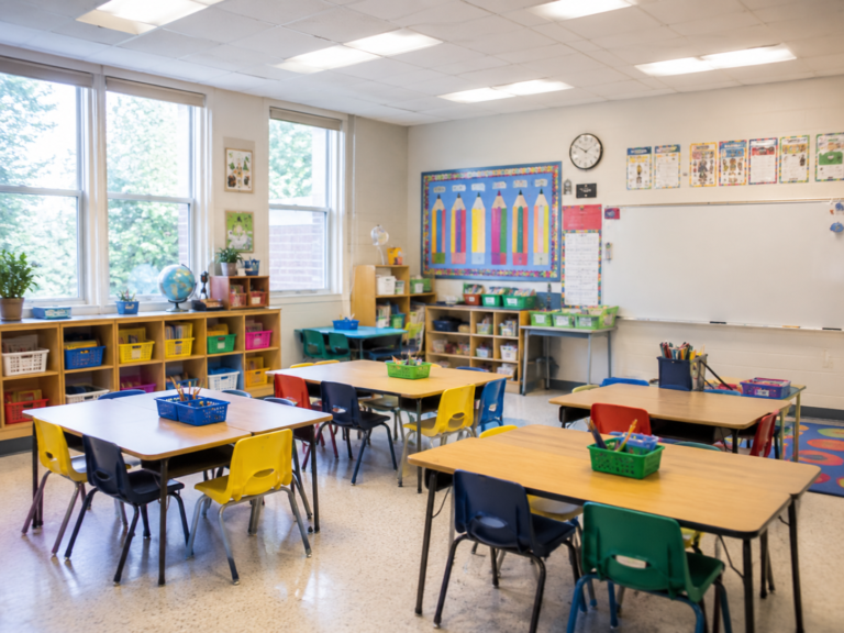 Aula principal iluminada y equipada para niños de primaria en Raíces del Saber.
