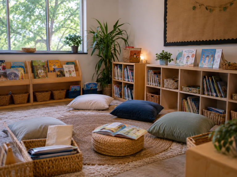 Rincón de lectura con libros, cojines y estanterías en Raíces del Saber.