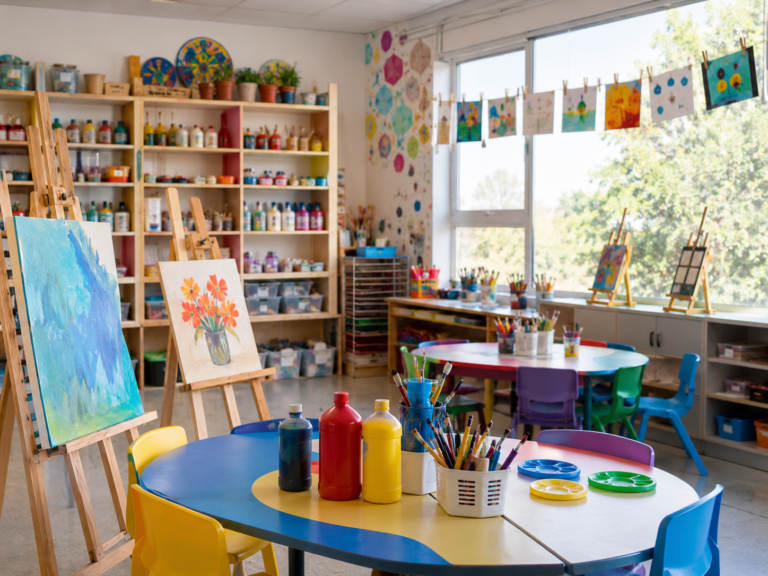 Aula de arte con pinturas, caballetes y materiales creativos en Raíces del Saber.