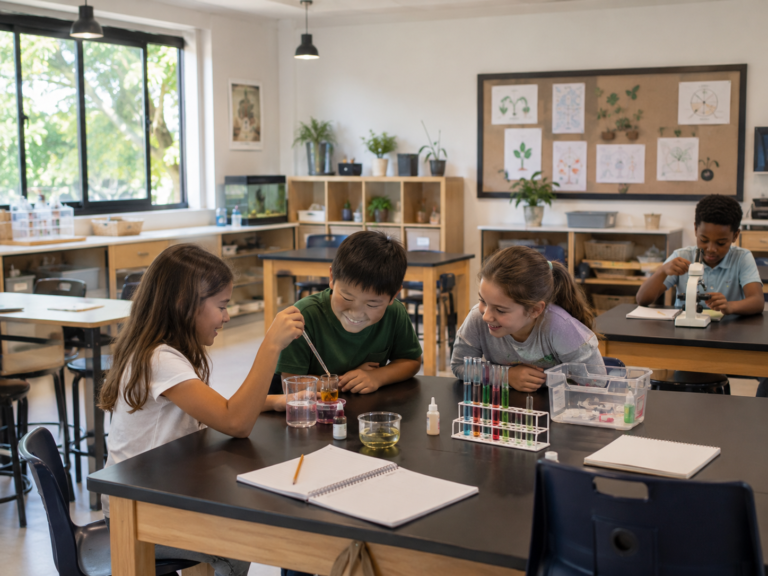 Niños de primaria realizando actividades de ciencias en el laboratorio de Raíces del Saber.