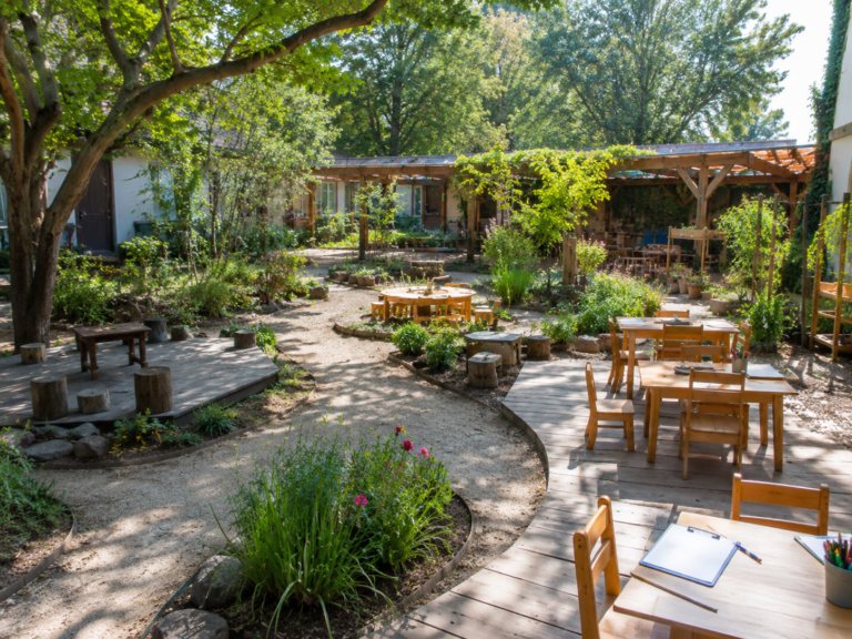 Jardín escolar y espacio exterior de aprendizaje en Raíces del Saber.