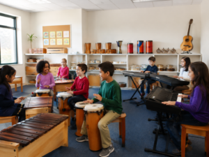 Niños de primaria participando en una clase de música en Raíces del Saber.
