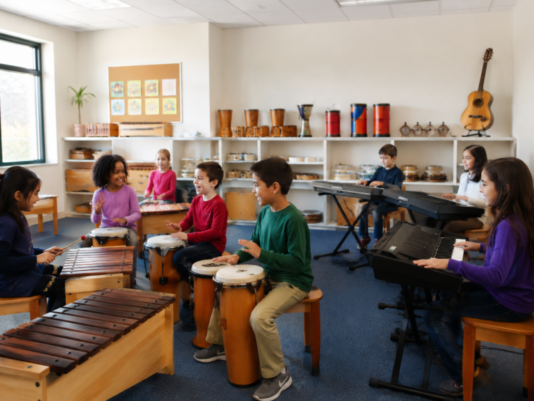 Niños de primaria participando en una clase de música en Raíces del Saber.