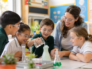 Niños de primaria realizando un experimento de ciencias con su maestra en Raíces del Saber.