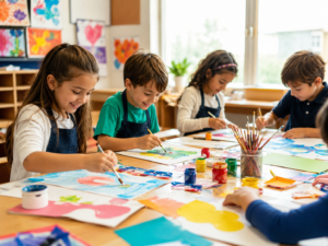Niños de primaria realizando una actividad de pintura en el aula de Raíces del Saber.