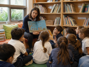 Maestra leyendo un cuento a niños de primaria en la biblioteca de Raíces del Saber.