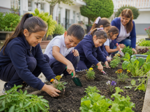 Niños de primaria realizando actividad de huerto escolar con su maestra en Raíces del Saber.