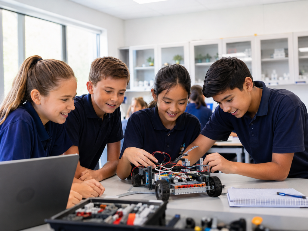 Estudiantes de primaria trabajando en un proyecto de robótica en Raíces del Saber.