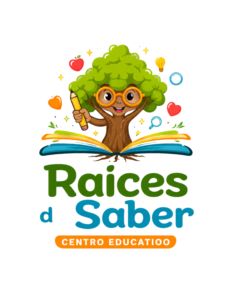 Logotipo vertical de Raíces del Saber con árbol, libro y elementos educativos.