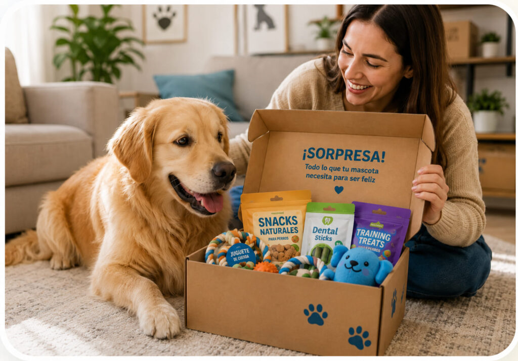 Mujer abriendo una caja PetSphere junto a un perro golden retriever feliz.