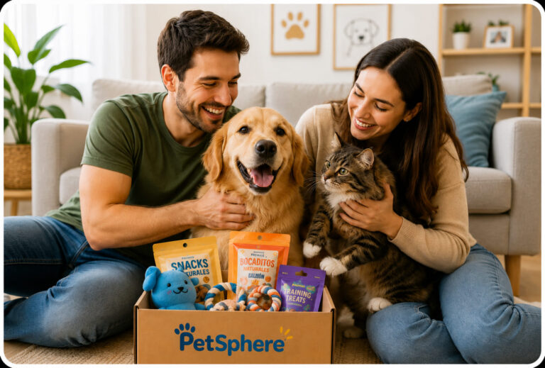 Pareja sonriendo junto a un perro, un gato y una caja PetSphere.