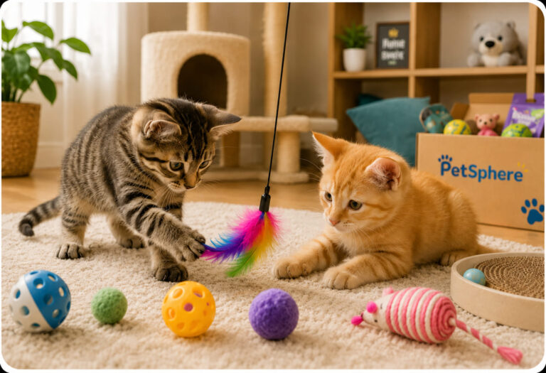 Dos gatos jugando con una pluma de colores junto a una caja PetSphere.
