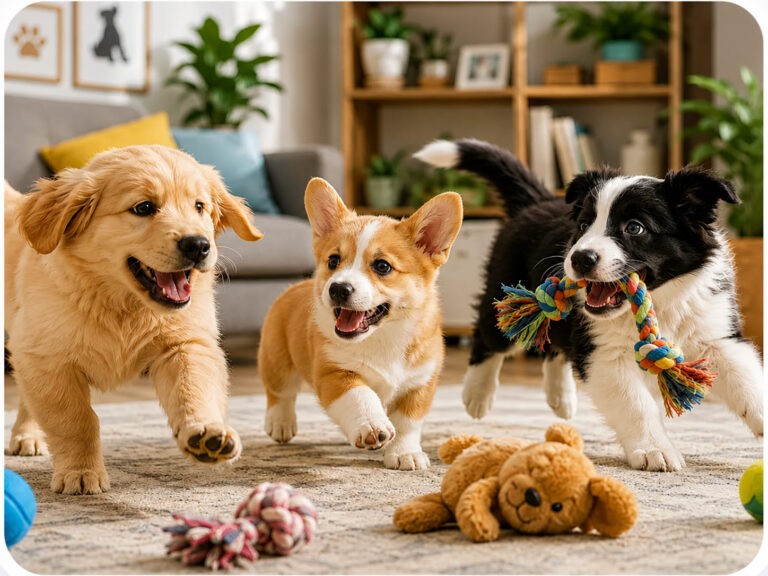 Tres perros jugando con juguetes en una sala iluminada.