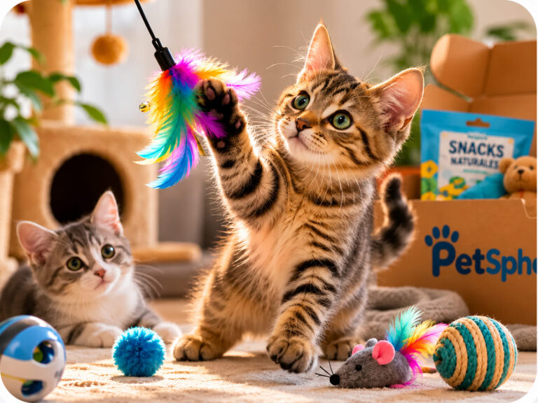 Gato jugando con una pluma de colores en un ambiente cálido.
