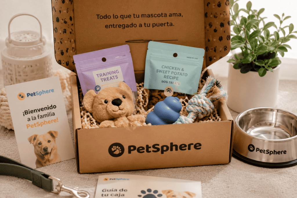 Caja PetSphere abierta con juguetes, snacks y accesorios para mascotas.