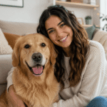 Mujer sonriendo junto a su perro golden retriever en una sala acogedora.