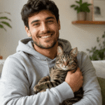 Hombre sonriendo mientras sostiene a su gato en una sala iluminada.