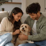 Pareja sonriendo junto a su perro pequeño en un ambiente cálido de hogar.