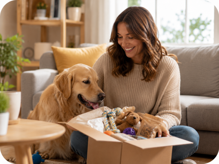 Mujer y perro abriendo una caja PetSphere con juguetes y snacks para mascotas.