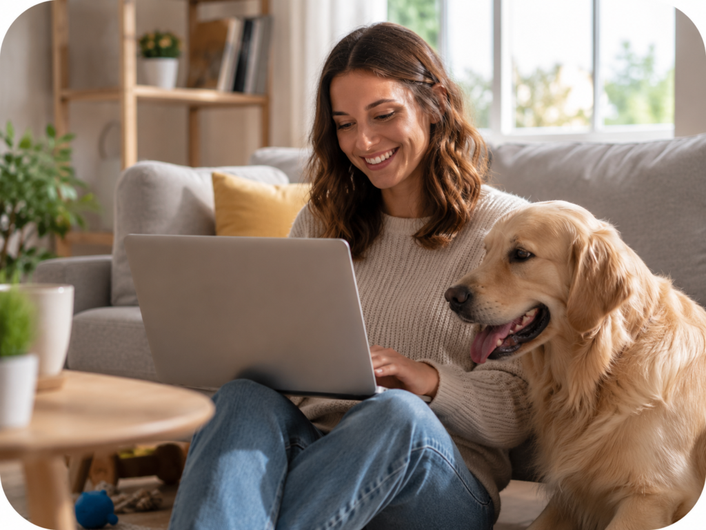 Mujer registrando a su perro en una laptop para personalizar una caja PetSphere.