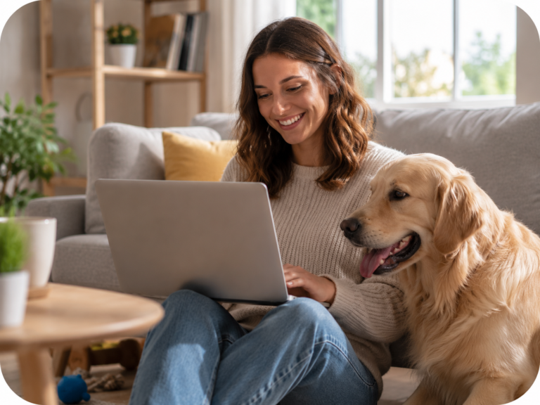 Mujer registrando a su perro en una laptop para personalizar una caja PetSphere.